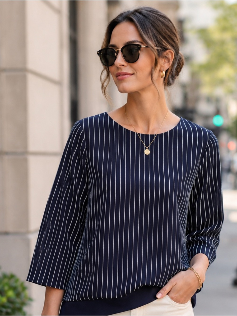 Anthropologie MELLODAY Navy and White Striped Top